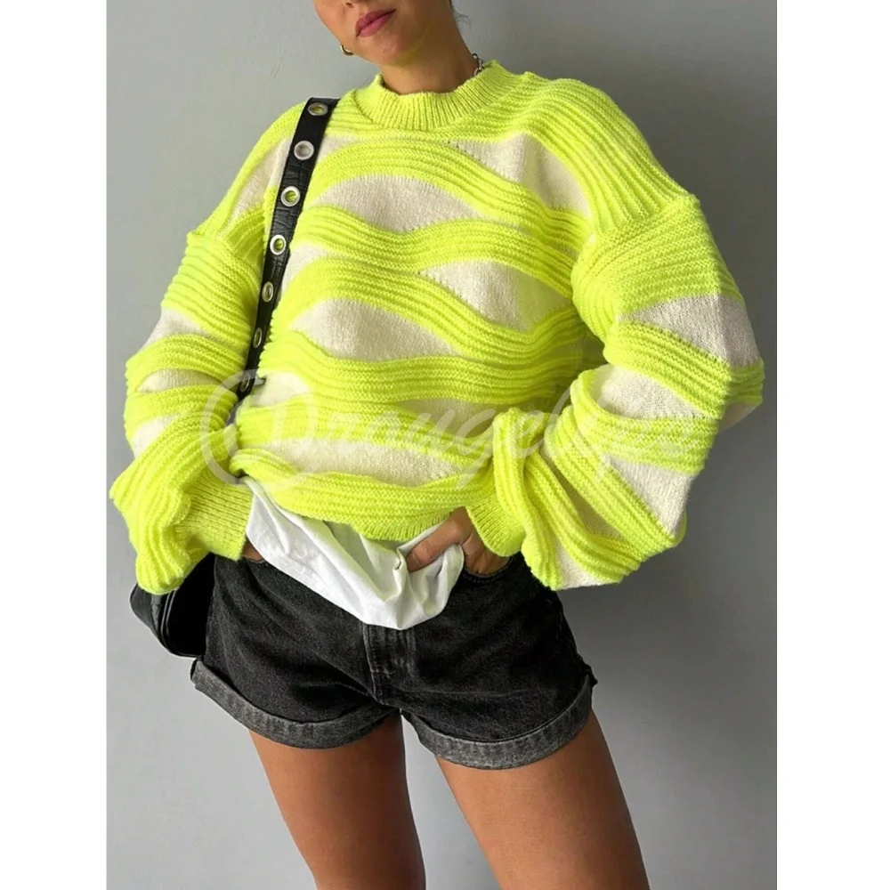 Textured Knit Pullover Sweater Lantern Sleeve Neon Yellow on Off White - Picture 2 of 6